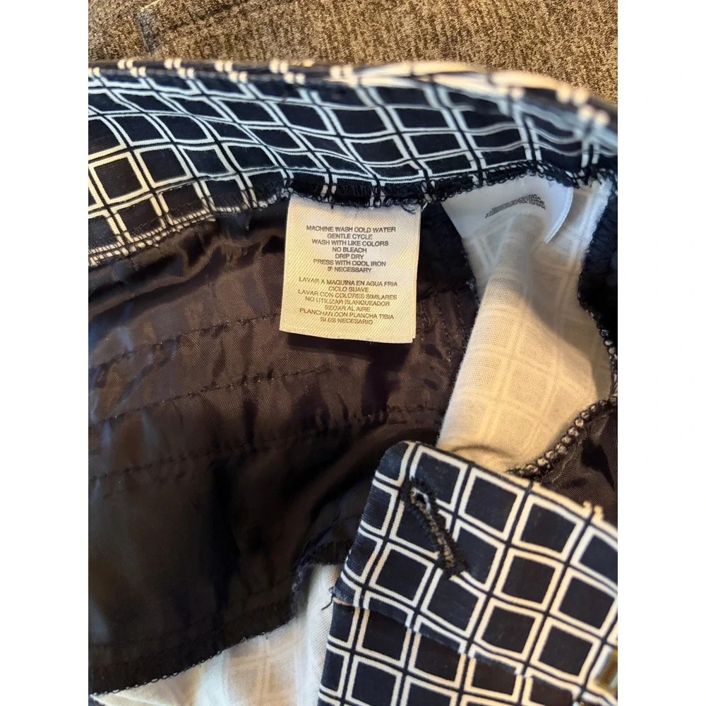 Anne Klein Navy White Geometric Grid Print Slim Leg Dress Pants Womens 10